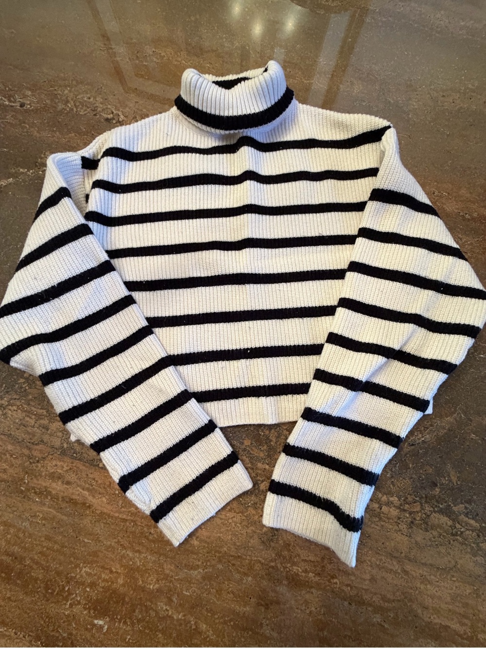 Zara Girls Black & White Striped Cropped Turtleneck Sweater